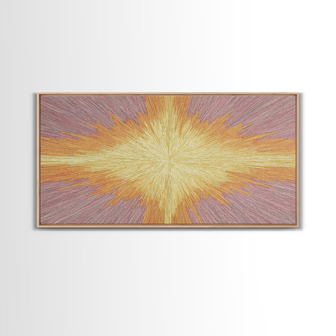Golden Radiant Cross Starburst Framed Canvas Print, Spiritual Wall Art, Modern Christian Abstract Decor, Purple Yellow Art