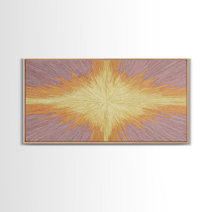 Golden Radiant Cross Starburst Framed Canvas Print, Spiritual Wall Art, Modern Christian Abstract Decor, Purple Yellow Art