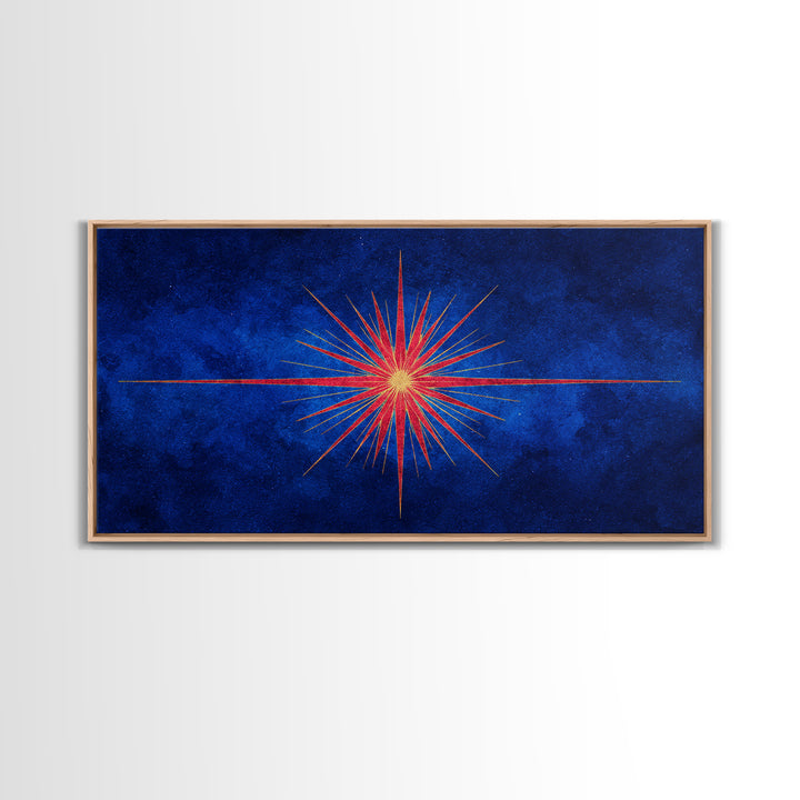 Blue Gold Starburst Framed Canvas Print, Mid Century Modern Atomic Wall Art, Retro Sunburst Poster, Elegant MCM Wall Decor