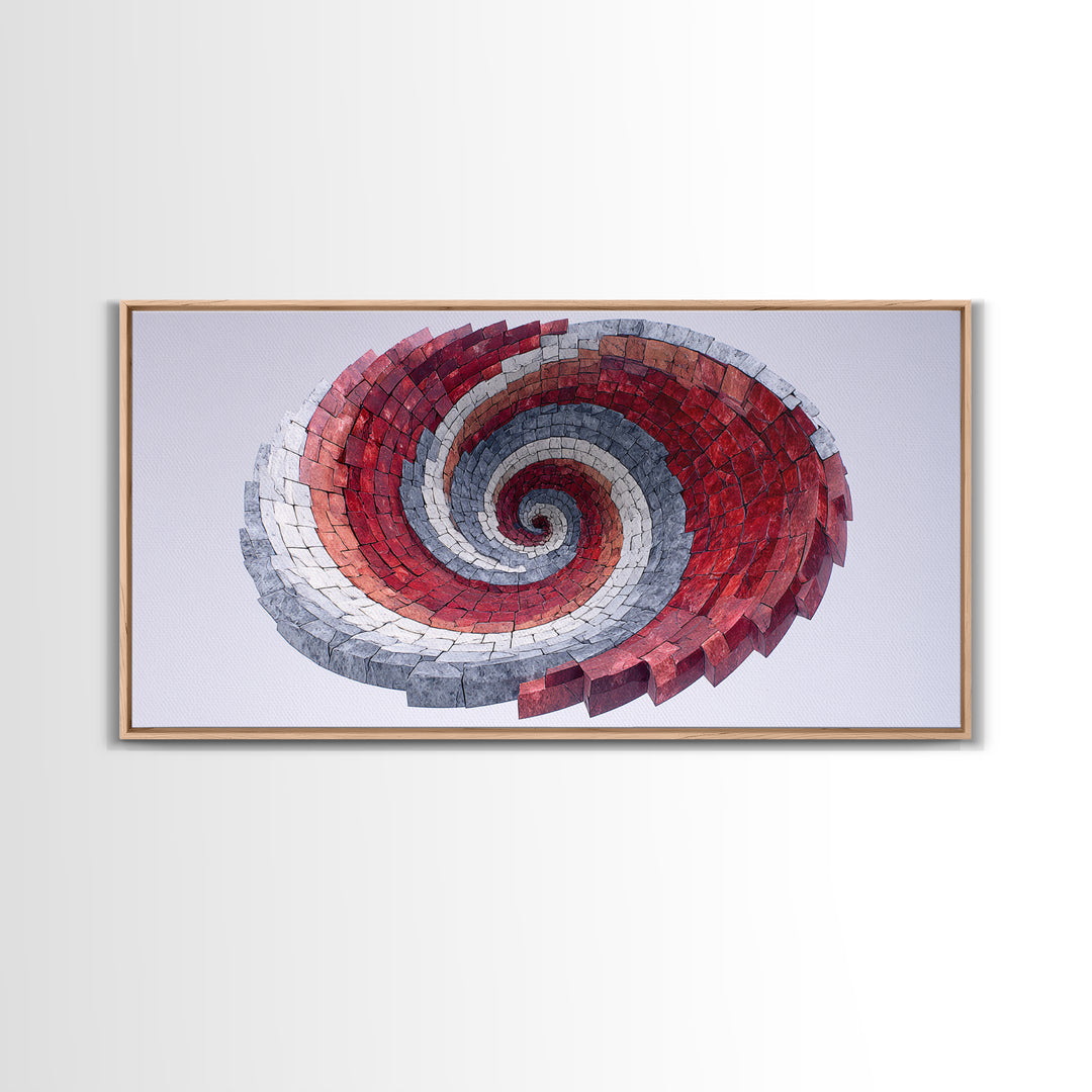 Red Gray Spiral Mosaic Wall Art, Midcentury Modern Abstract Geometric Print, Retro Op Art Decor For Office And Living Room