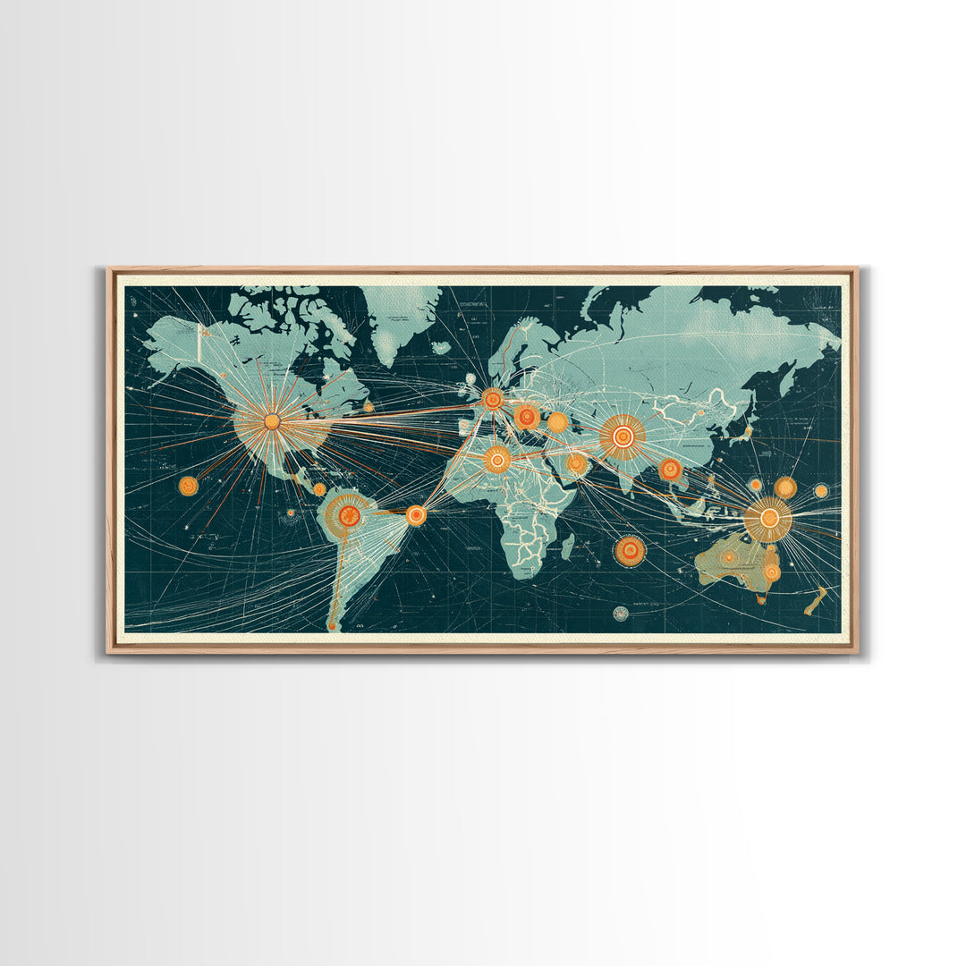 Teal Orange World Map Wall Art, Midcentury Modern Travel Print, Global Network Poster For Office Decor And Living Room Decor