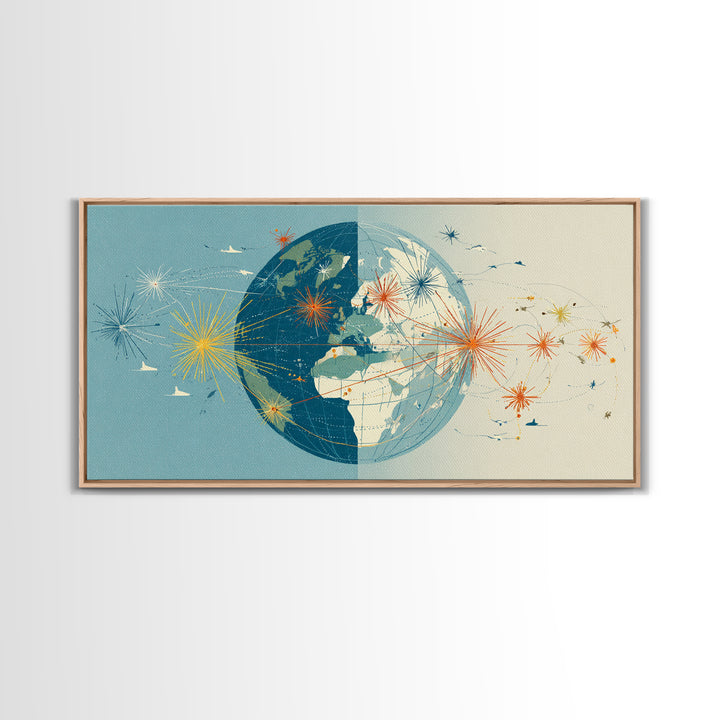 Split Globe Network Wall Art, Midcentury Modern Travel Print, Retro World Map Poster With Starbursts For Home Office Decor