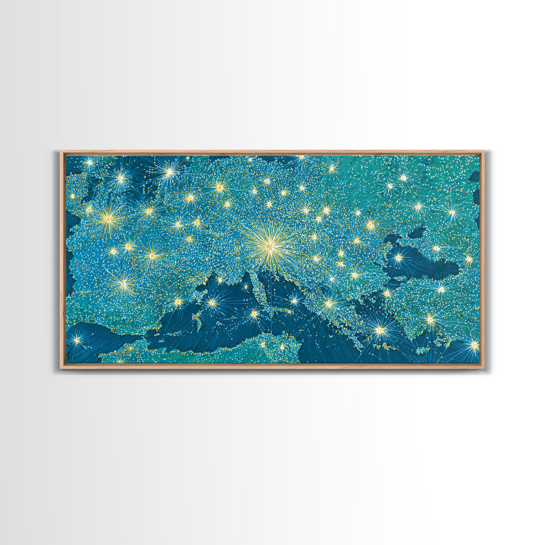 Blue Illuminated World Map Wall Art, Midcentury Modern Travel Print, Global Lights Poster For Office And Living Room Decor