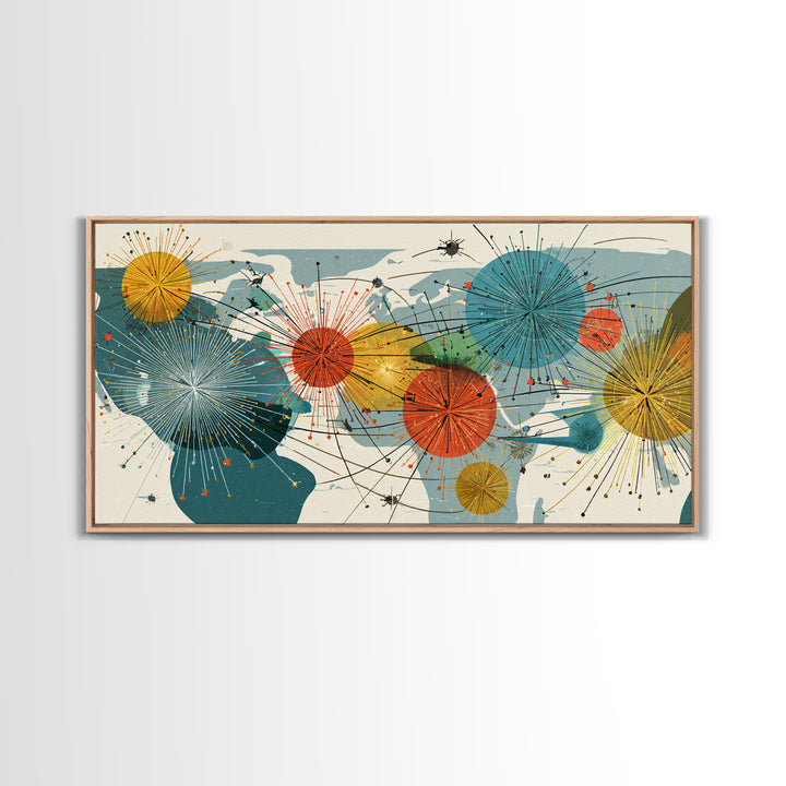 Abstract World Map Starburst Canvas Print, Midcentury Modern Geometric Wall Art, Retro Global Network Decor For Office Or Home