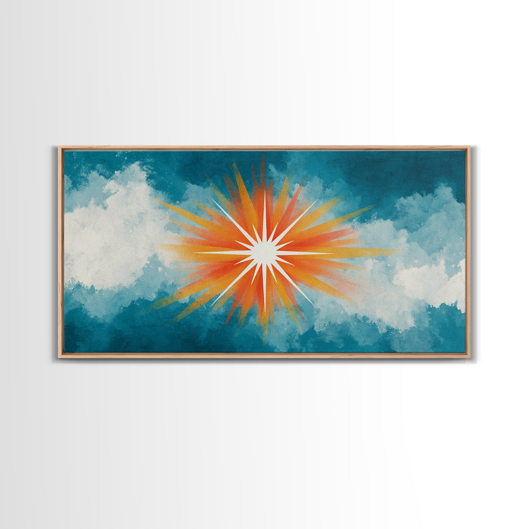 Teal Cloud Sunrise Starburst Canvas Print, Midcentury Modern Nature Wall Art, Retro Sun Poster, Colorful Scenic MCM Decor