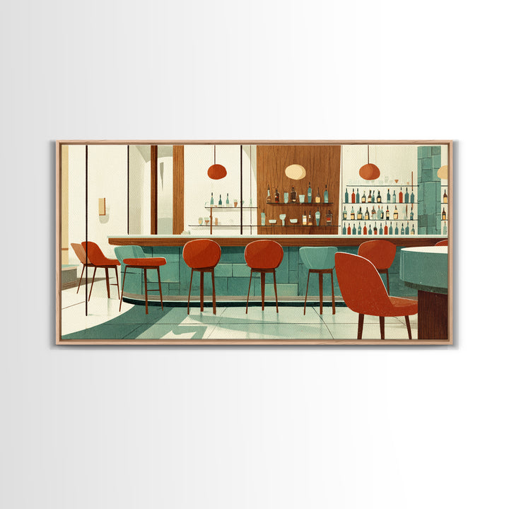 Retro Cocktail Bar With Red Chairs And Teal Cabinets, Mid Century Modern Wall Art, MCM Lounge Decor, Canvas Style Print Gift