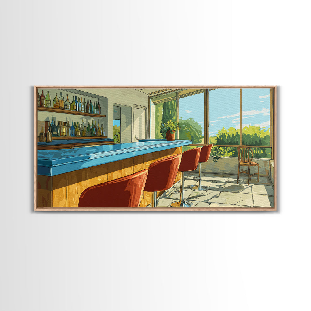 Sunlit Patio Cocktail Bar With Blue Counter And Red Stools, Mid Century Modern Wall Art, Retro Lounge Decor, Scenic Bar Print