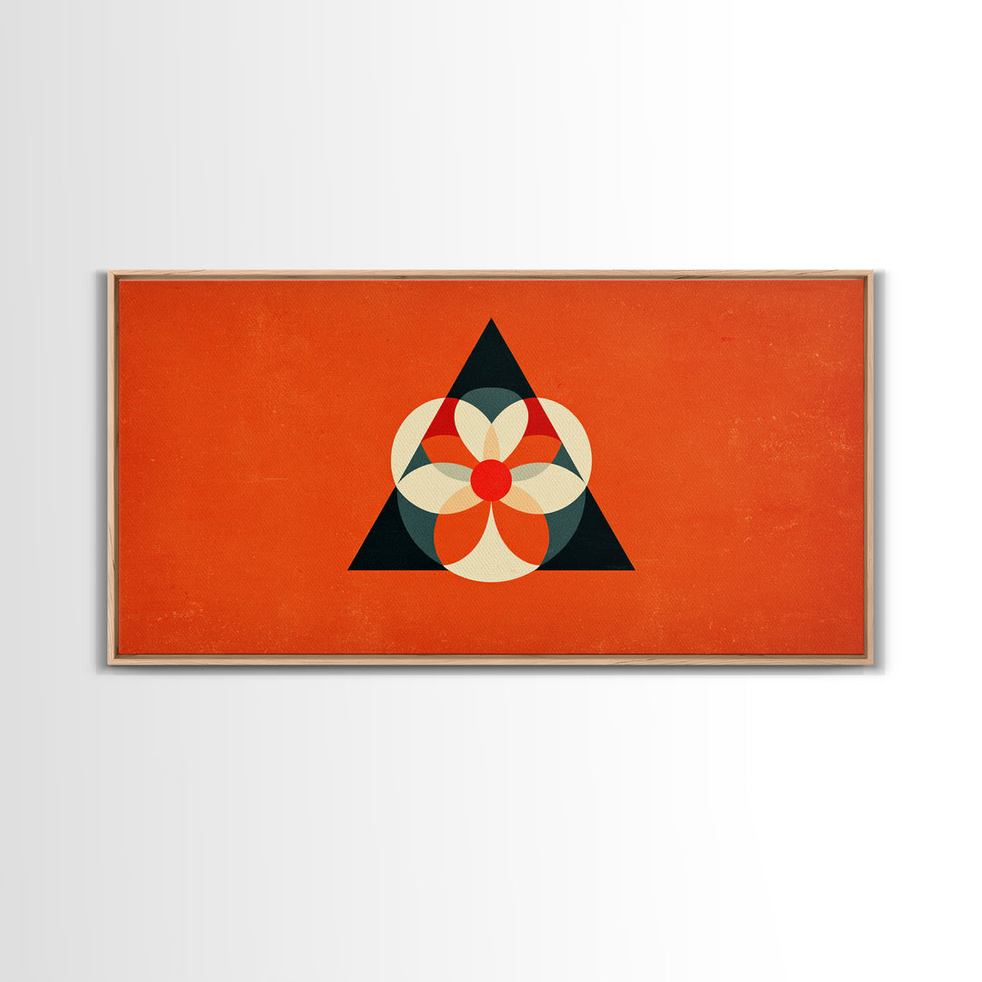 Orange Geometric Flower In Black Triangle, Mid Century Modern Canvas Print, Atomic Bauhaus Wall Decor, Abstract MCM Poster