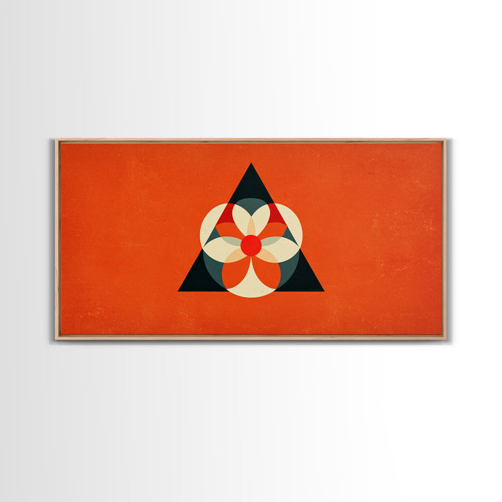 Orange Geometric Flower In Black Triangle, Mid Century Modern Canvas Print, Atomic Bauhaus Wall Decor, Abstract MCM Poster