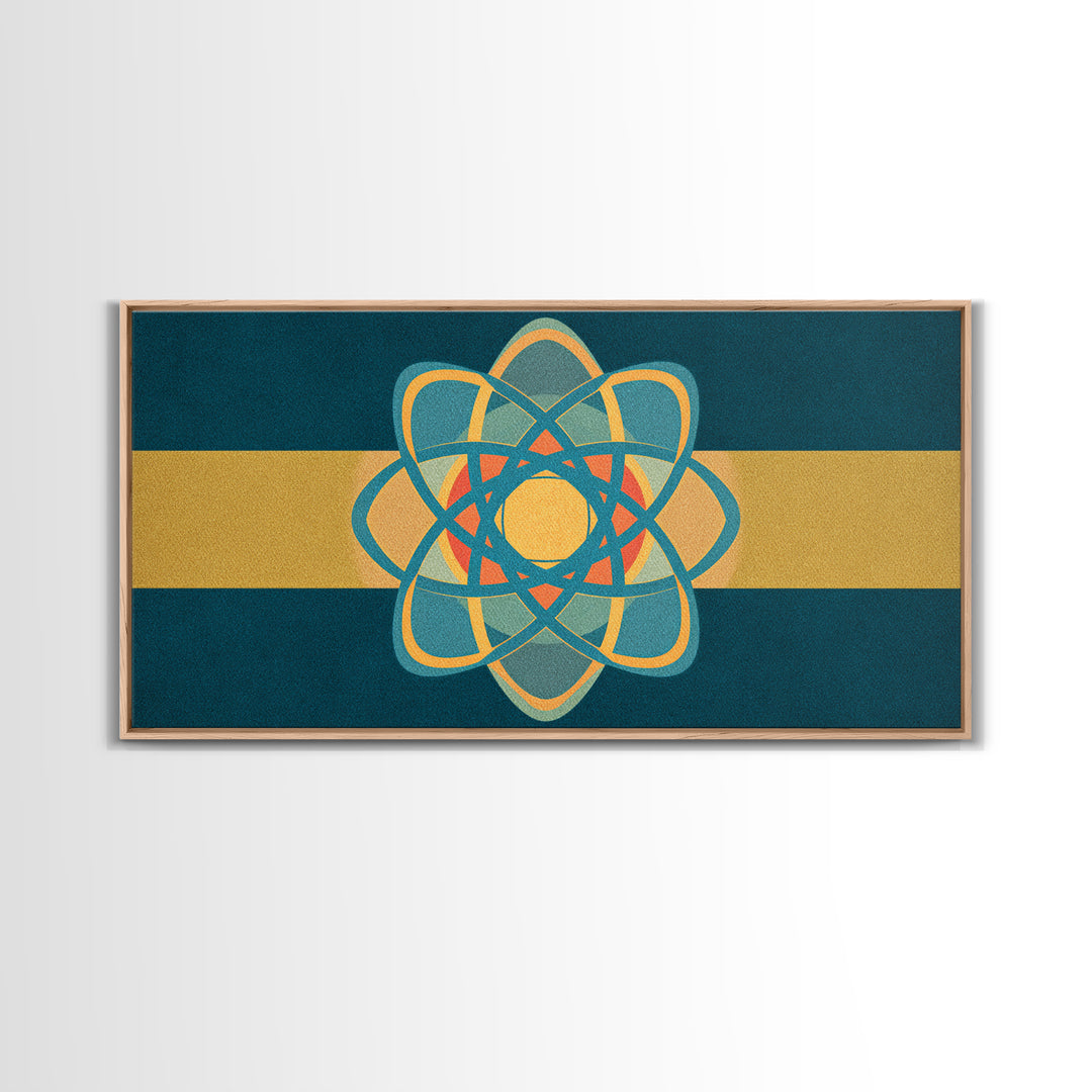 Teal And Gold Atomic Orbit Abstract, Mid Century Modern Wall Art, Retro Science Decor, Geometric MCM Canvas Print Poster