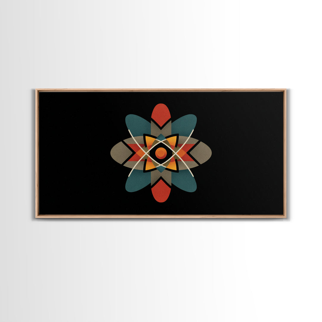Black Atomic Starburst With Teal Orange Shapes, Mid Century Modern Canvas Print, Retro Space Wall Art, Geometric MCM Decor