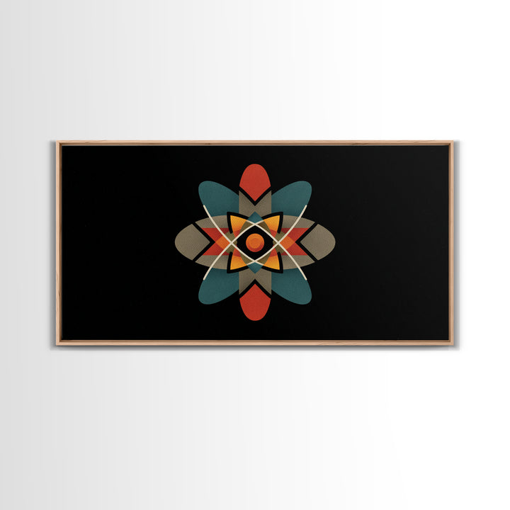 Black Atomic Starburst With Teal Orange Shapes, Mid Century Modern Canvas Print, Retro Space Wall Art, Geometric MCM Decor