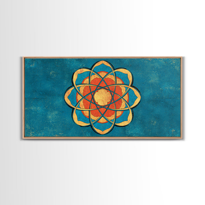 Teal And Orange Atomic Flower Mandala, Mid Century Modern Wall Art, Geometric Abstract Decor, Retro MCM Canvas Print Poster