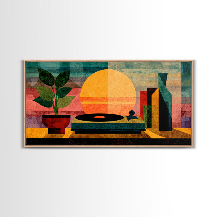Sunset Turntable Still Life With Plant And Bottles, Mid Century Modern Wall Art, Vinyl Record Decor, Retro Music Canvas Print