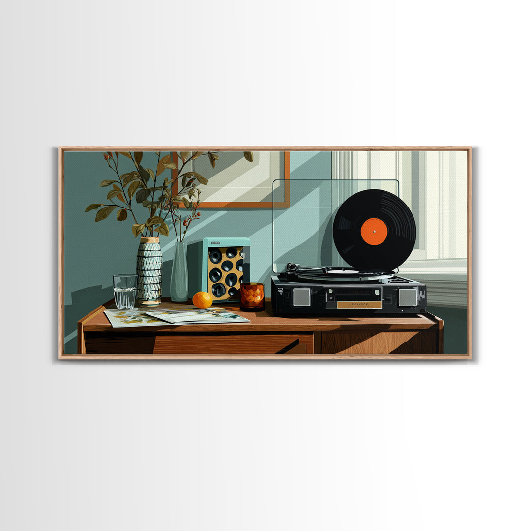 Modern Record Player And Plant Framed Canvas Print, Mid Century Modern Wall Art, Retro Vinyl Decor For Office Or Music Room