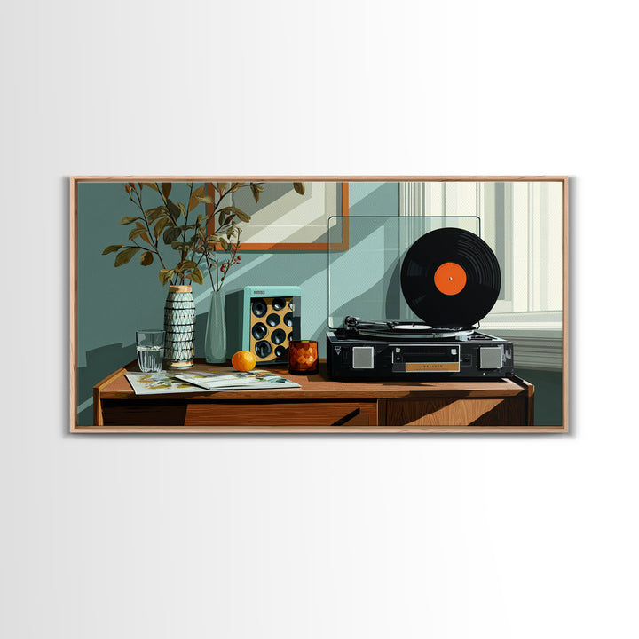 Modern Record Player And Plant Framed Canvas Print, Mid Century Modern Wall Art, Retro Vinyl Decor For Office Or Music Room