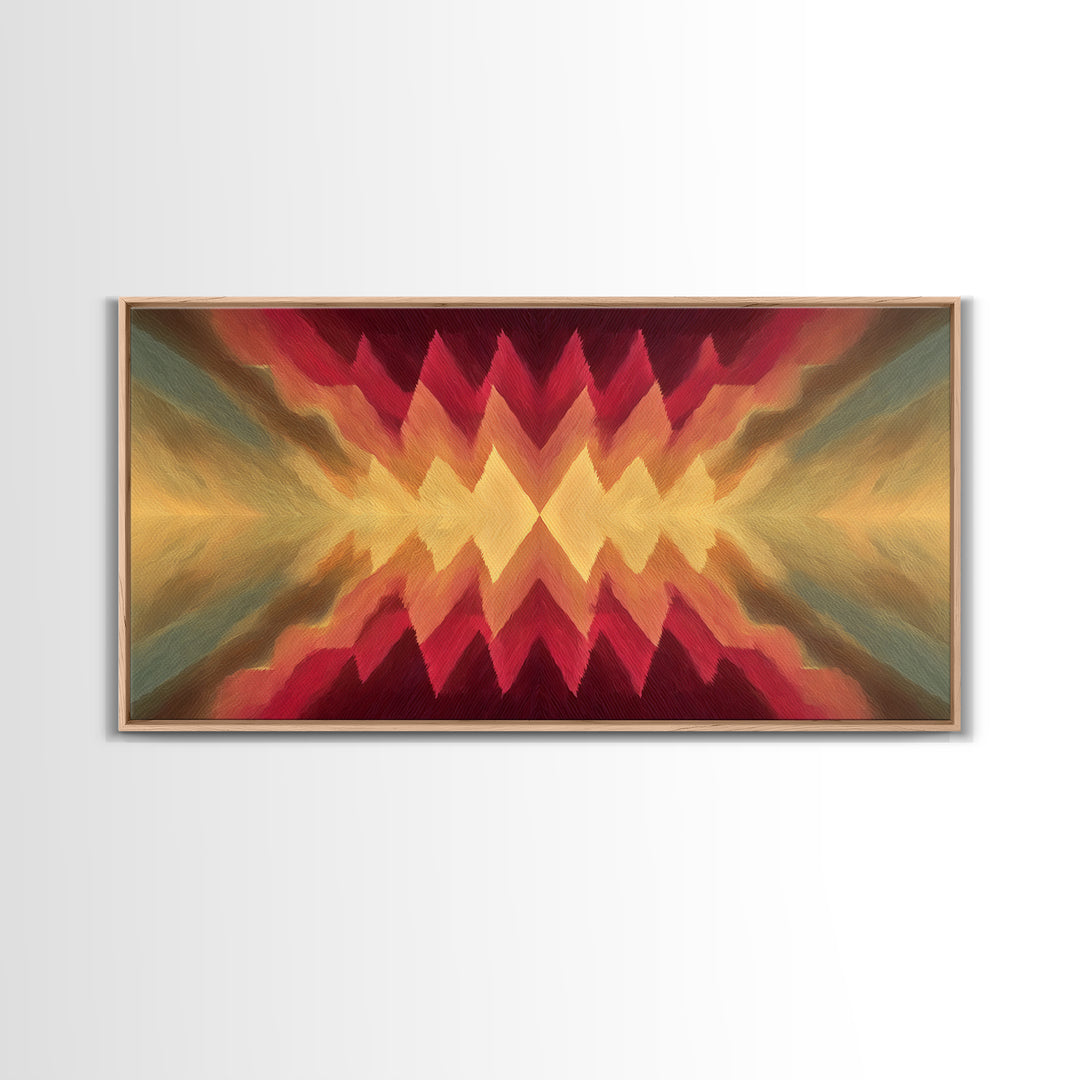 Radiant Chevron Sunset Abstract Canvas Print, Mid Century Modern Wall Art, Warm Red Gold Geometric Decor For Living Room