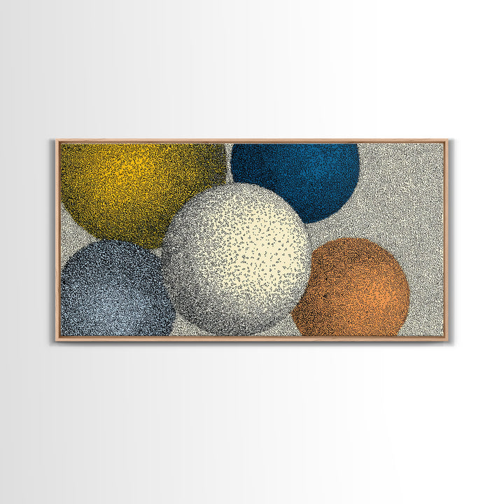 Large Dotted Circle Abstract Wall Art, Mid Century Modern Geometric Poster, Blue Orange Spheres Print For Living Room Decor
