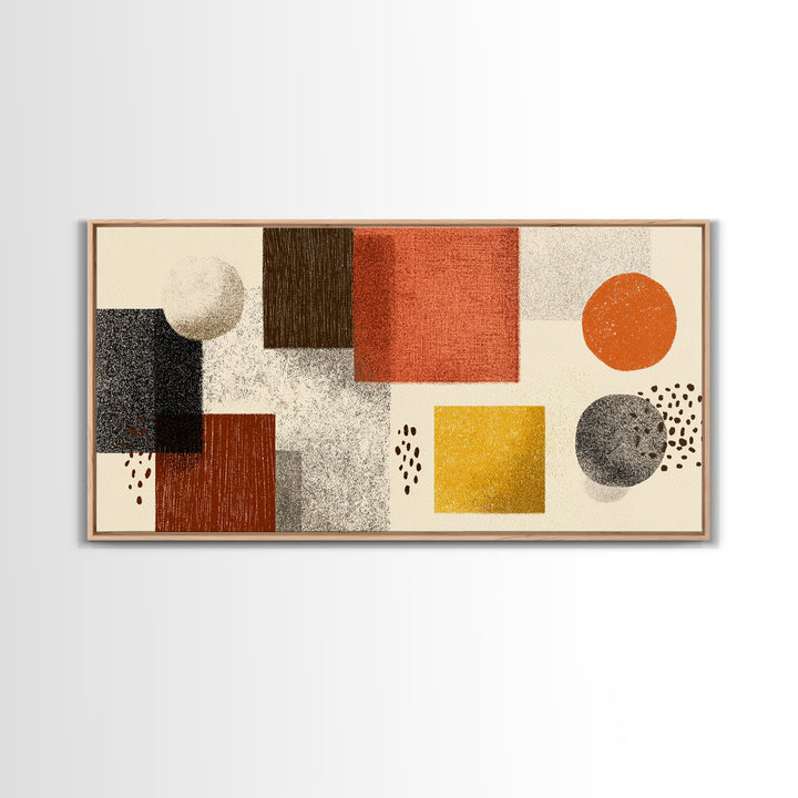 Earth Tone Geometric Shapes Framed Canvas Print, Mid Century Modern Wall Art, Orange Yellow Abstract Decor For Home Office