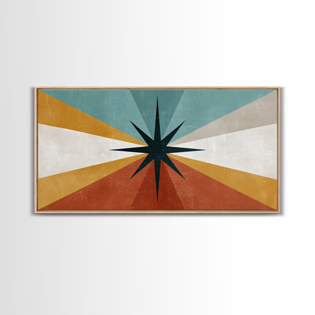 Compass Star Geometric Abstract Wall Art, Mid Century Modern Atomic Poster, Retro MCM Canvas Print, Teal Orange Wall Decor