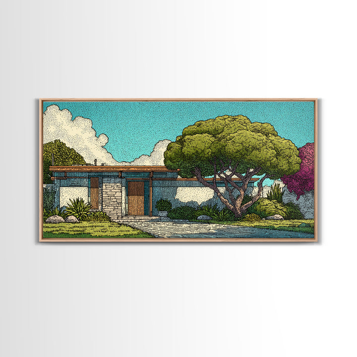 Mid Century Modern House Landscape Wall Art, Retro Architecture Poster, Palm Springs Style Home Decor, Colorful Garden Print