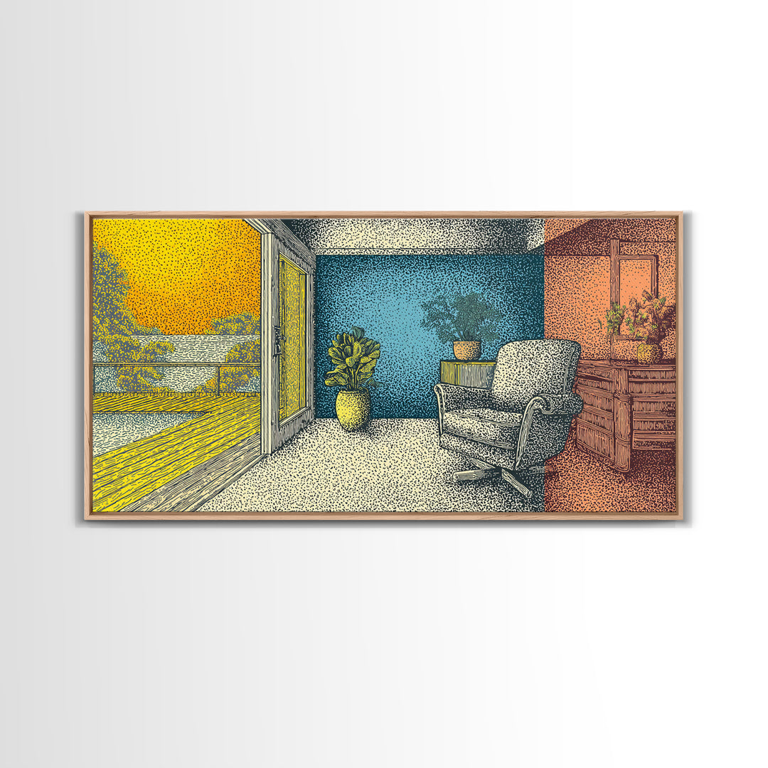 Sunny Midcentury Balcony Interior With Lake View Wall Art, Retro Modern Decor, MCM Living Room Art, Yellow Blue Canvas Print
