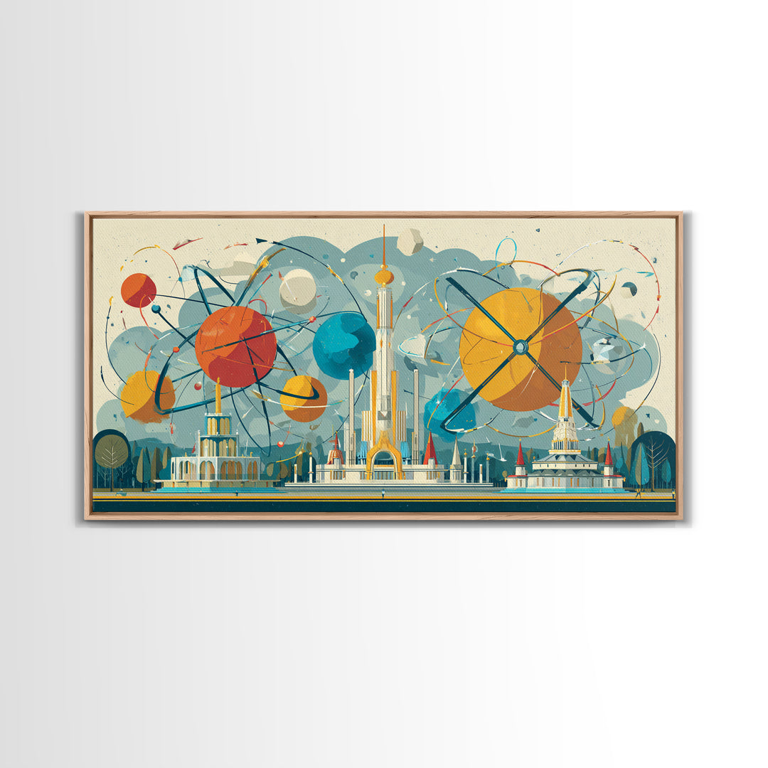 Atomic Planets Over Futuristic Fair City Wall Art, Midcentury Modern Art, Retro Space Poster, MCM Decor, Geometric Canvas Print
