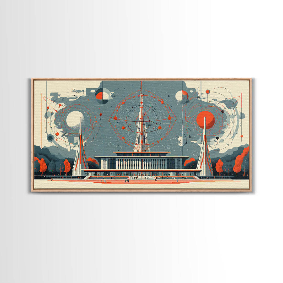 Modernist Atomic Pavilion With Red Orbit Diagrams Wall Art, Midcentury Modern Decor, Bauhaus Poster, Framed Canvas Print