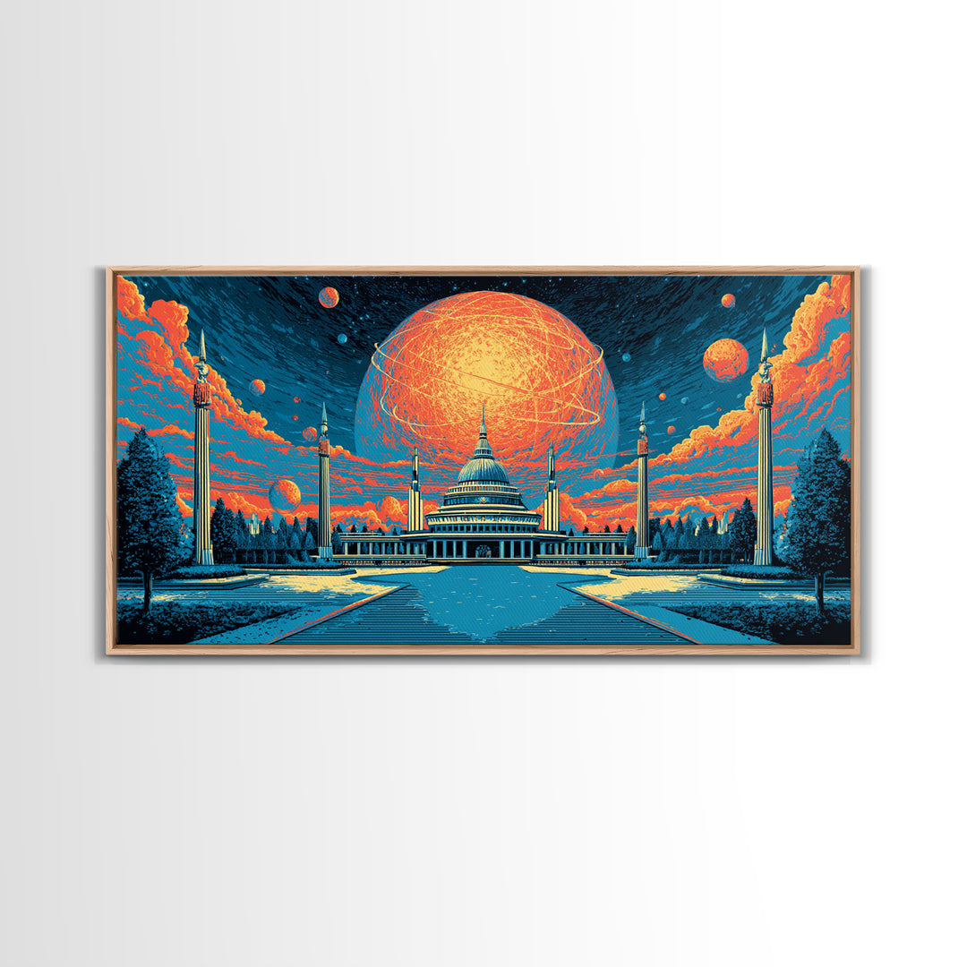 Glowing Orange Planet Over Capitol Skyline Wall Art, Retro Sci Fi Poster, Washington DC Decor, Atomic Midcentury Canvas Print