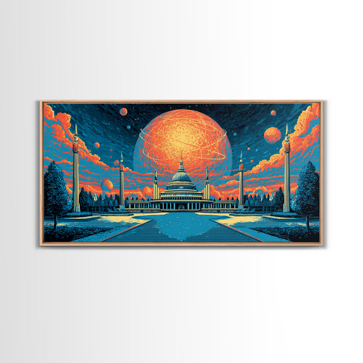 Glowing Orange Planet Over Capitol Skyline Wall Art, Retro Sci Fi Poster, Washington DC Decor, Atomic Midcentury Canvas Print