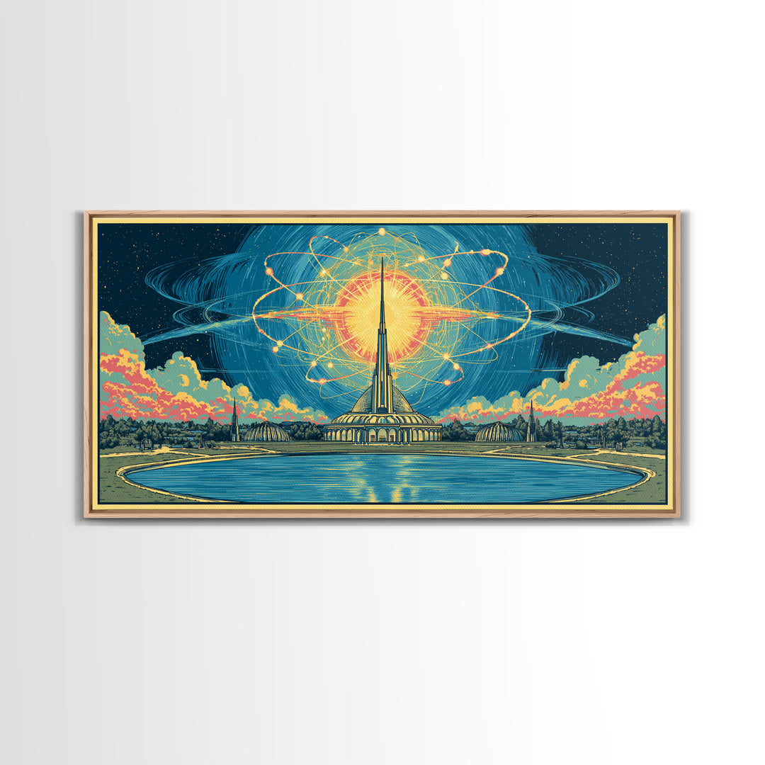Atomic Sun Above Futuristic Tower And Reflecting Pool Wall Art, Midcentury Modern Decor, Retro Space Framed Canvas Print
