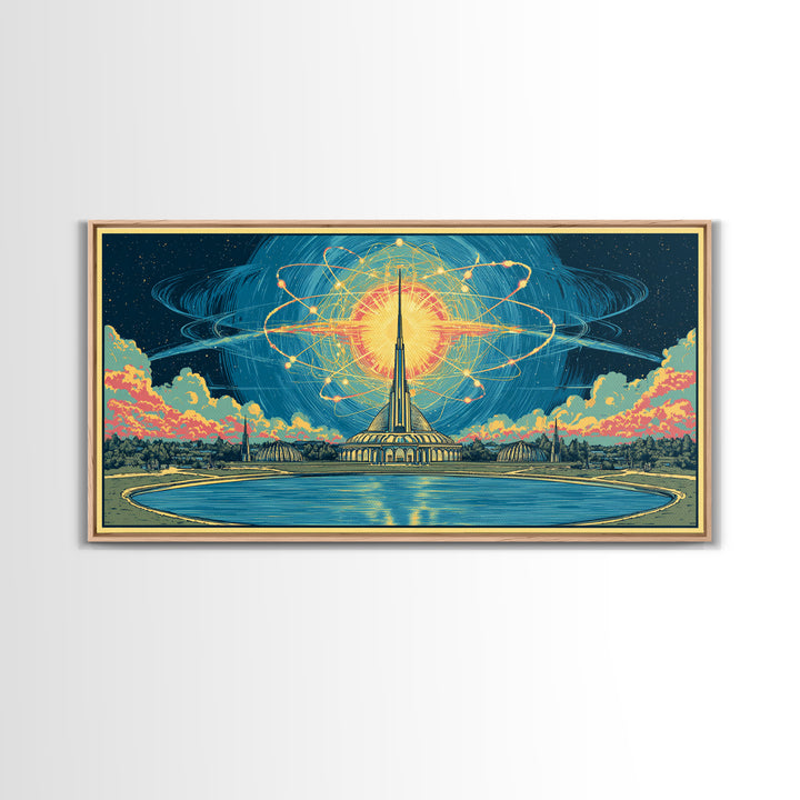 Atomic Sun Above Futuristic Tower And Reflecting Pool Wall Art, Midcentury Modern Decor, Retro Space Framed Canvas Print