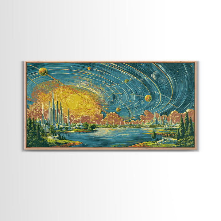Orbiting Planets Over Futuristic Lake City Wall Art, Retro Modern Art Print, Midcentury Decor, MCM Wall Decor, Atomic Canvas Print
