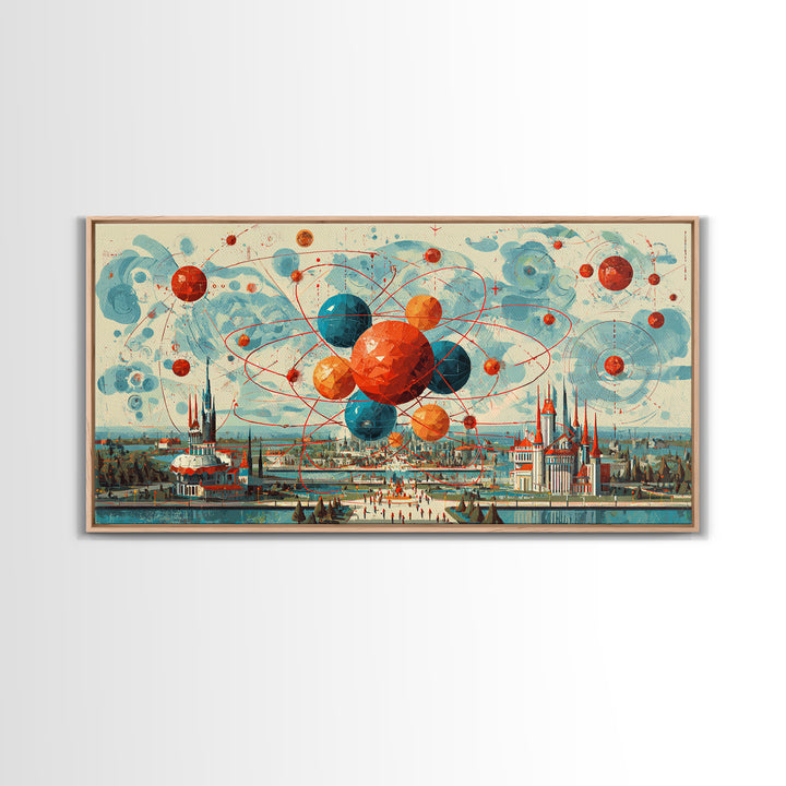 Giant Atomic Spheres Above Worlds Fair City Wall Art, Midcentury Modern Art, Retro Science Poster, MCM Decor, Framed Canvas Print