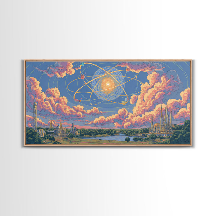 Pastel Atomic Sky Over River And Future Cities Wall Art, Retro Modern Decor, Midcentury Art Print, Pink Blue Framed Canvas Print