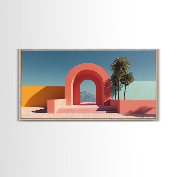 Pink Desert Archway With Palms And Mountain View Wall Art, Midcentury Modern Palm Springs Decor, Retro Landscape Print Poster