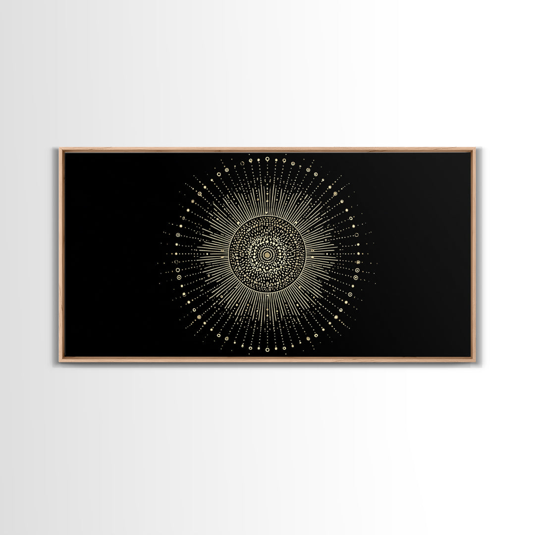 Gold Radiant Sunburst Wall Art, Midcentury Modern Art, Black Gold Frame Decor, Celestial Geometric Print, Retro Home Decor