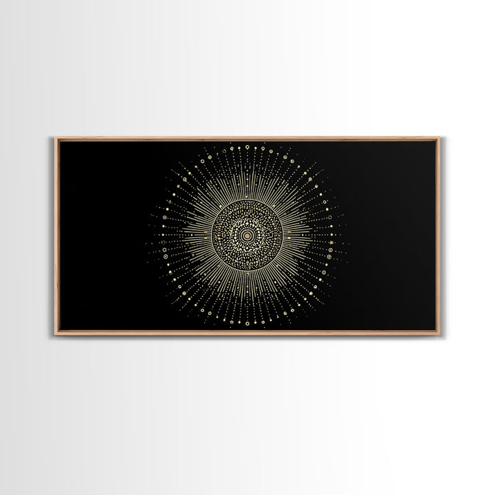 Gold Radiant Sunburst Wall Art, Midcentury Modern Art, Black Gold Frame Decor, Celestial Geometric Print, Retro Home Decor