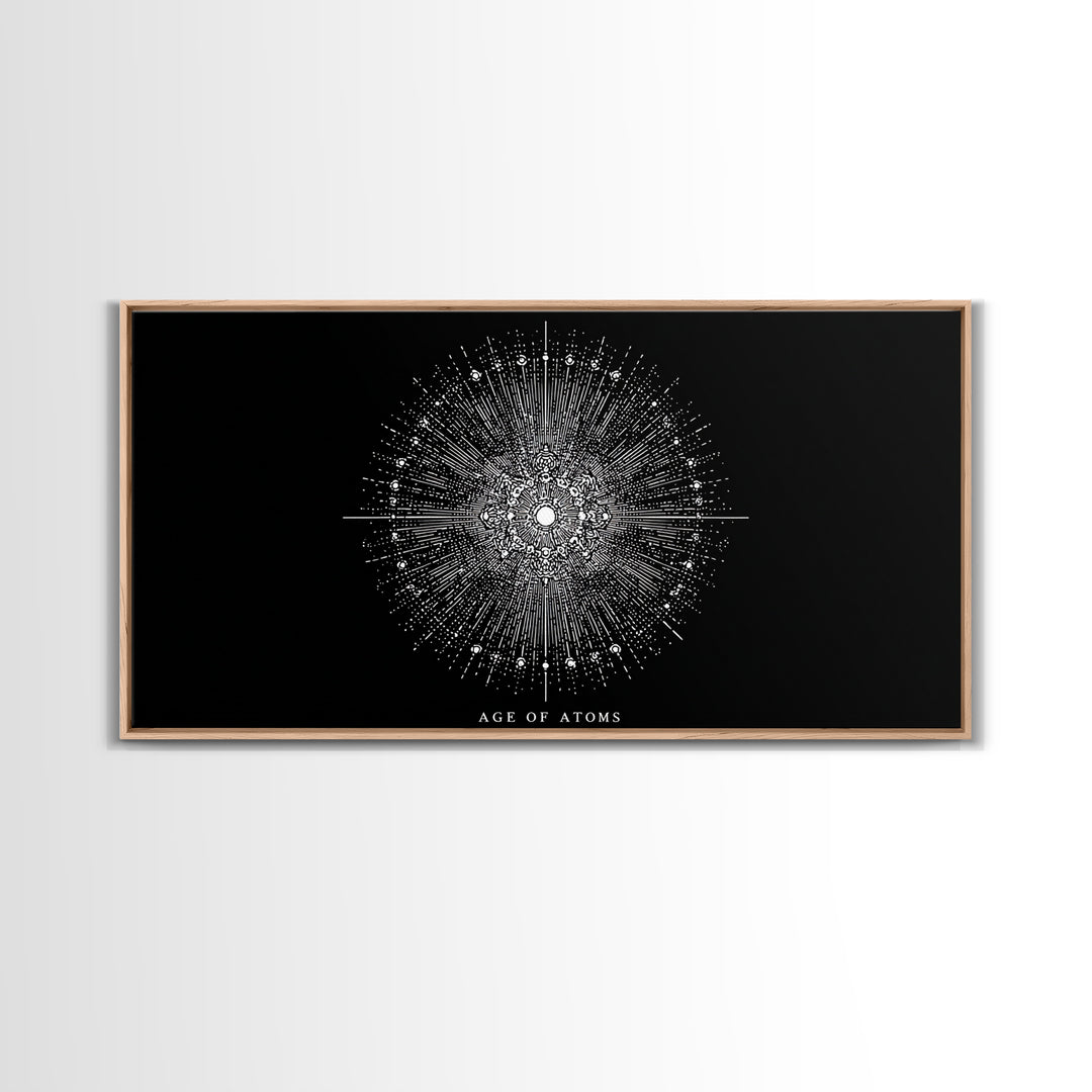 Age Of Atoms Starburst Wall Art, Midcentury Modern Art, Black White Space Poster, Atomic Retro Print, Science Wall Decor