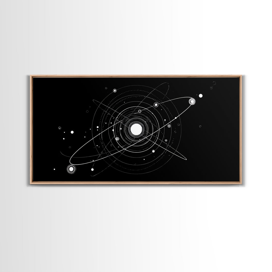 White Orbital Solar System On Black Canvas Print, Space Abstract Art, Atomic Midcentury Decor, Sci Fi Office Wall Decor Print