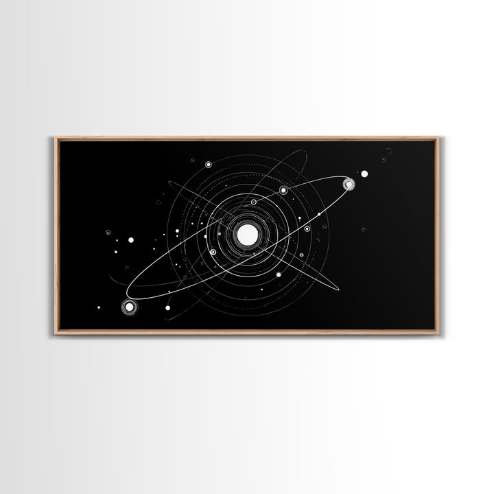 White Orbital Solar System On Black Canvas Print, Space Abstract Art, Atomic Midcentury Decor, Sci Fi Office Wall Decor Print