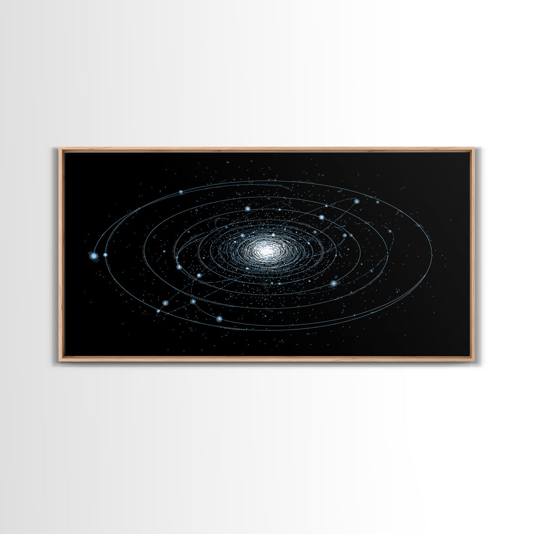 Blue Spiral Galaxy Orbits On Black Canvas Print, Space Abstract Wall Art, Cosmic Modern Decor, Sci Fi Office Poster Print