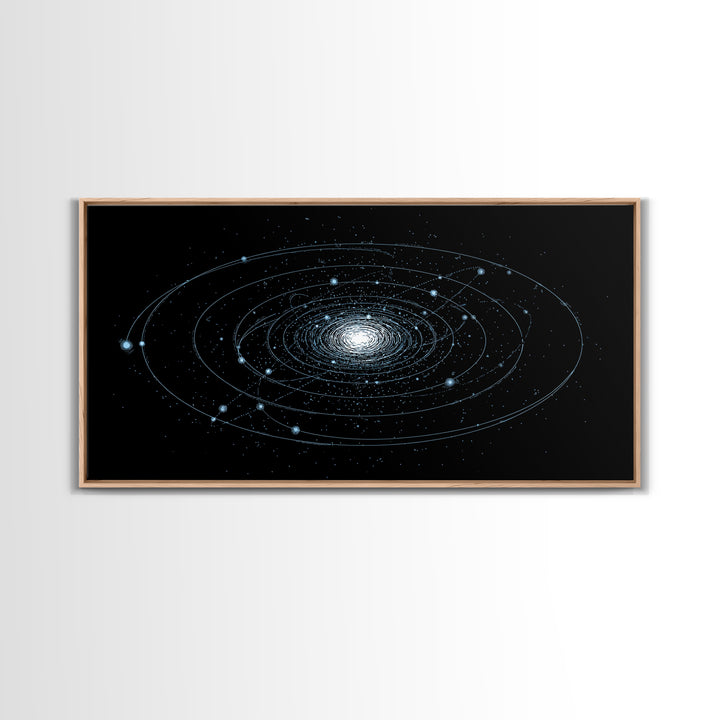 Blue Spiral Galaxy Orbits On Black Canvas Print, Space Abstract Wall Art, Cosmic Modern Decor, Sci Fi Office Poster Print