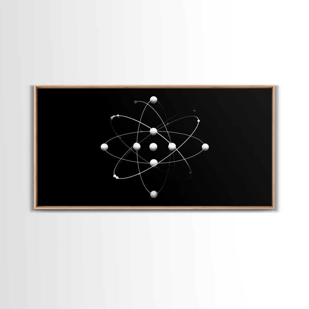 White Atomic Model On Black Canvas Print, Science Space Wall Art, Midcentury Modern Decor, Minimalist Office Poster Print