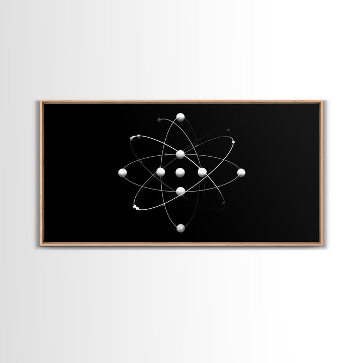 White Atomic Model On Black Canvas Print, Science Space Wall Art, Midcentury Modern Decor, Minimalist Office Poster Print