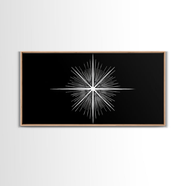 Radiant White Starburst On Black Canvas Print, Atomic Midcentury Wall Art, Minimal Modern Decor, Sci Fi Office Poster Print