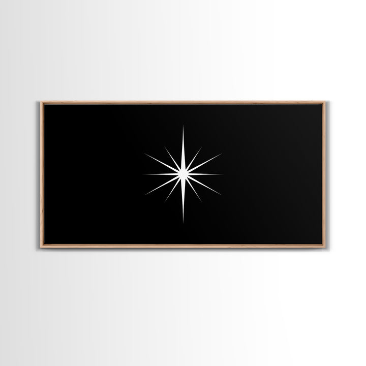Minimal White Compass Star On Black Canvas Print, Atomic Midcentury Wall Art, Modern Abstract Decor, Office Poster Print
