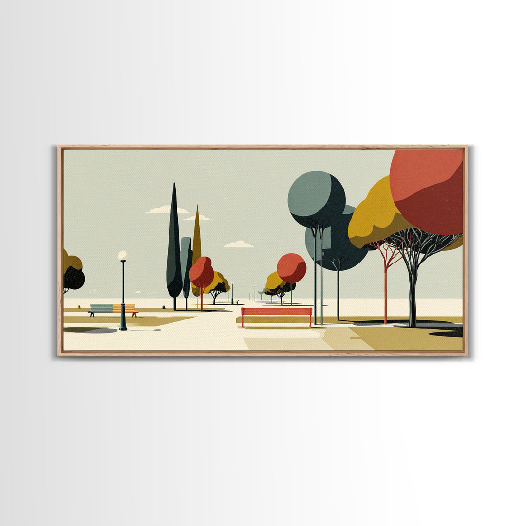 Colorful Park Promenade Canvas Print, Midcentury Modern Wall Art, Retro Landscape Poster, Scenic Home Office Decor Print Gift