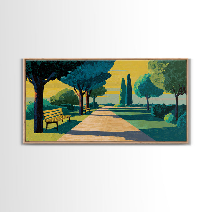 Sunlit Garden Path Framed Canvas Print, Midcentury Modern Wall Art, Scenic Landscape Poster, Green Home Office Decor Gift