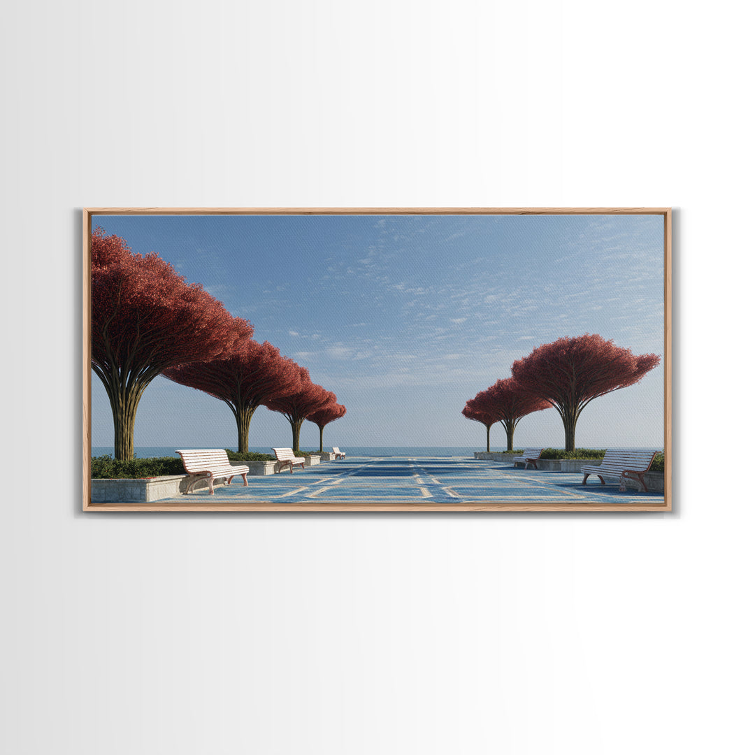 Seaside Promenade With Red Trees Wall Art, Modern Coastal Landscape Print, Midcentury Decor, Blue Ocean Living Room Decor
